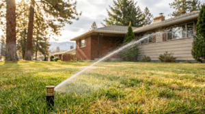 Pop-up sprinkler watering a Spokane residential lawn on a spring morning