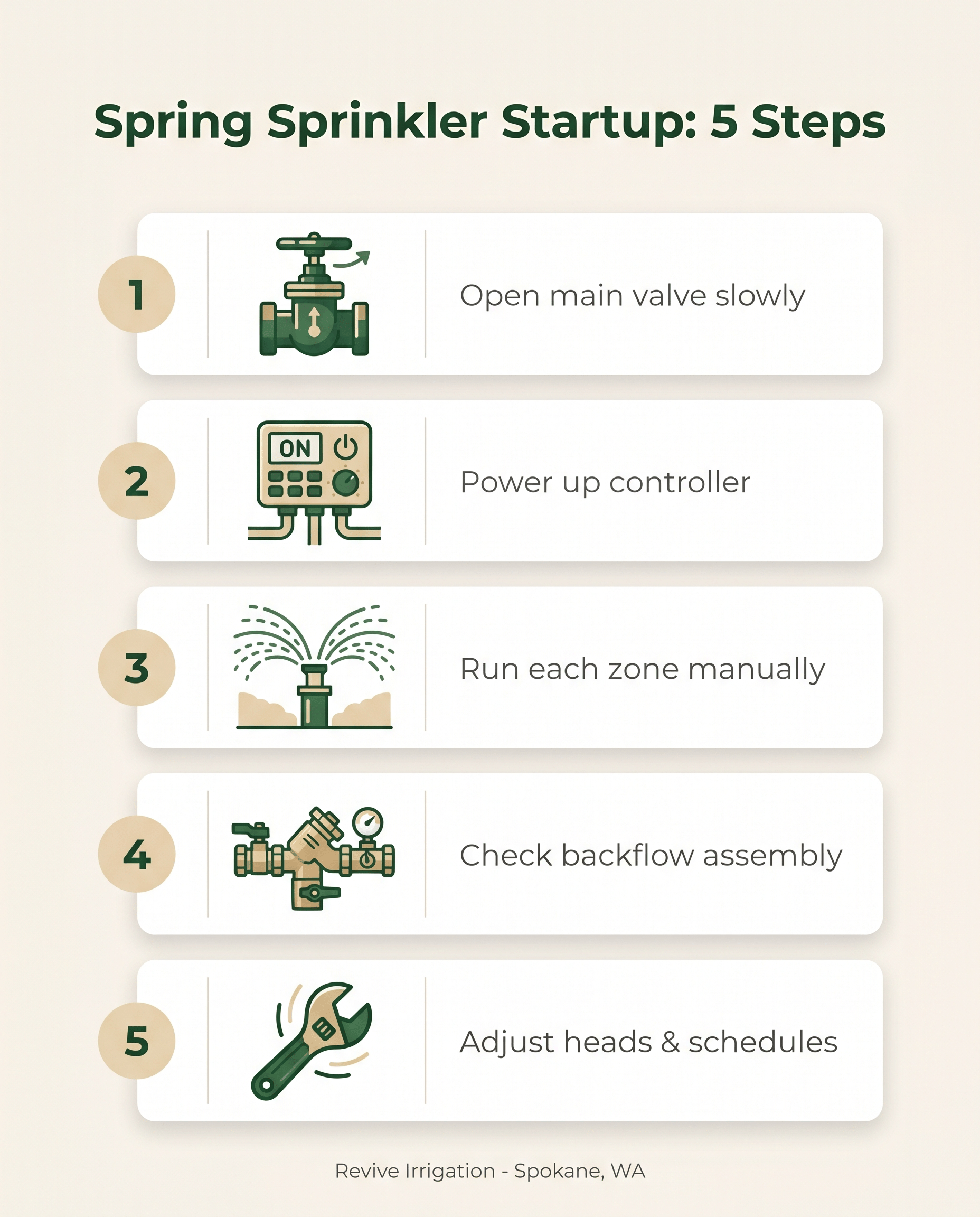 Infographic showing the five steps for spring sprinkler startup in Spokane