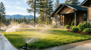 Newly installed Spokane sprinkler system watering a residential front lawn at sunrise