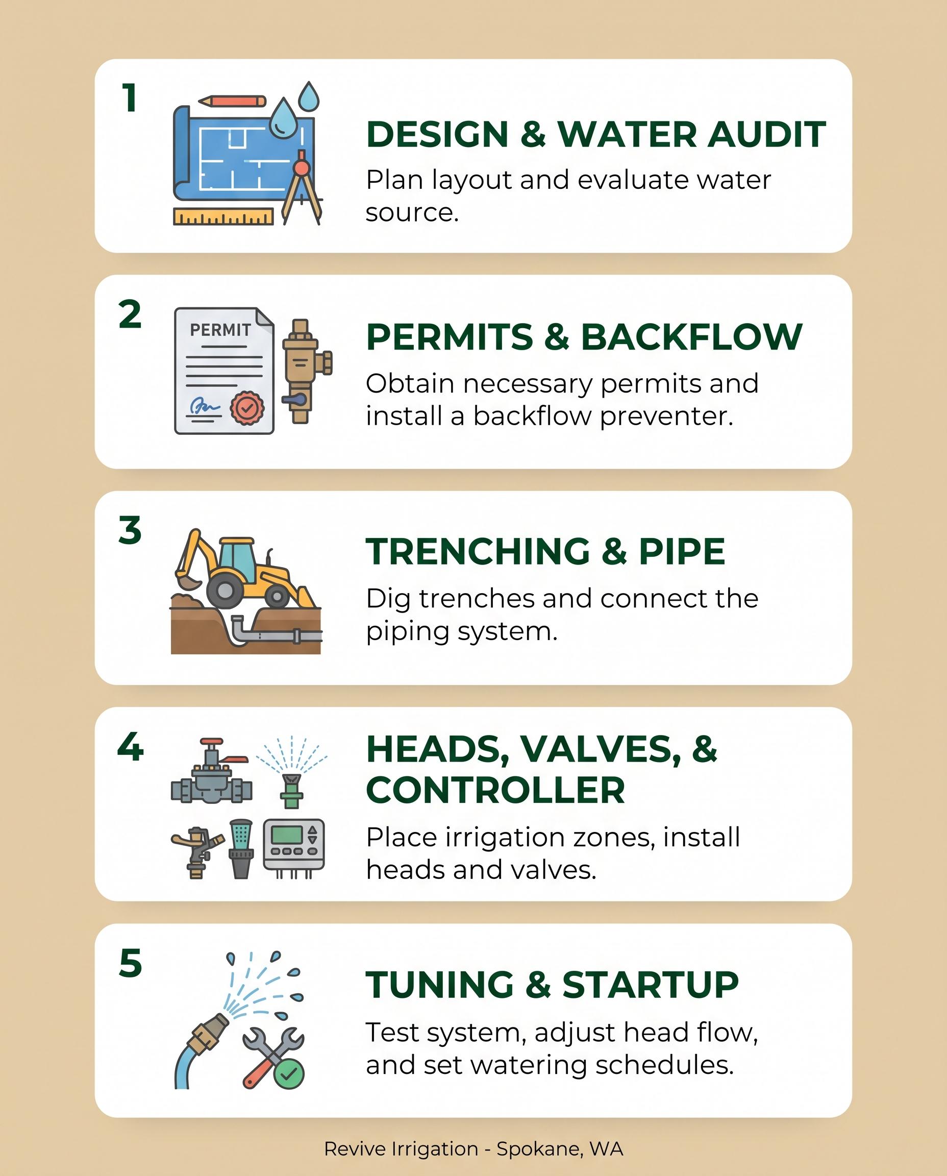 Five-step infographic showing the stages of a sprinkler installation in Spokane