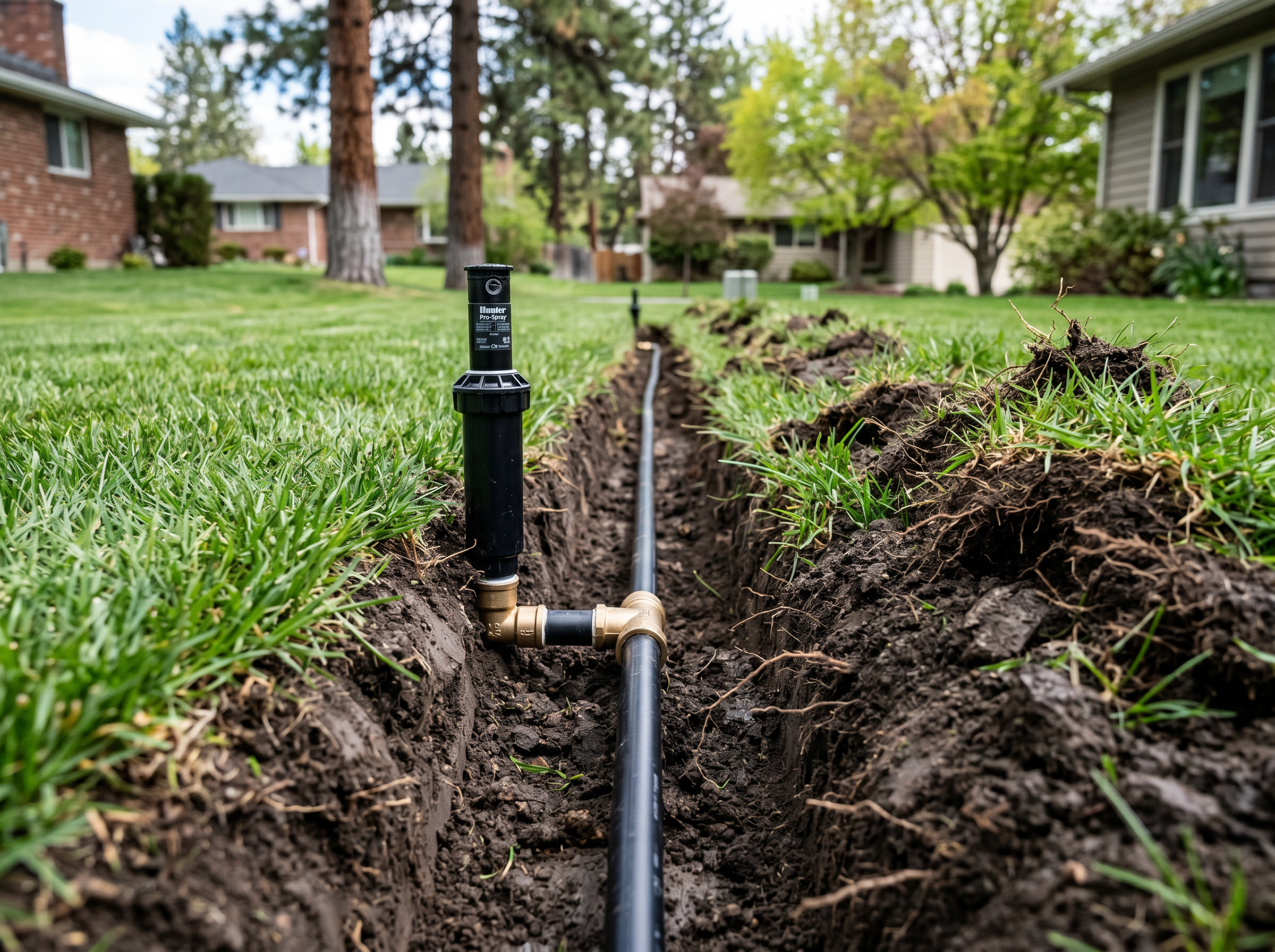Trenched irrigation line with new pop-up sprinkler head ready for backfill in a Spokane yard
