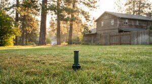 Single sprinkler head in a Spokane lawn that is not working on a dry morning