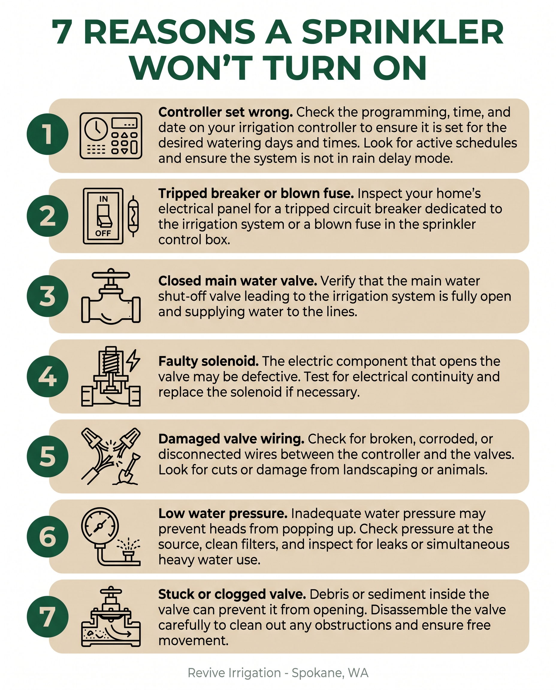 Infographic listing 7 reasons a sprinkler will not turn on in Spokane