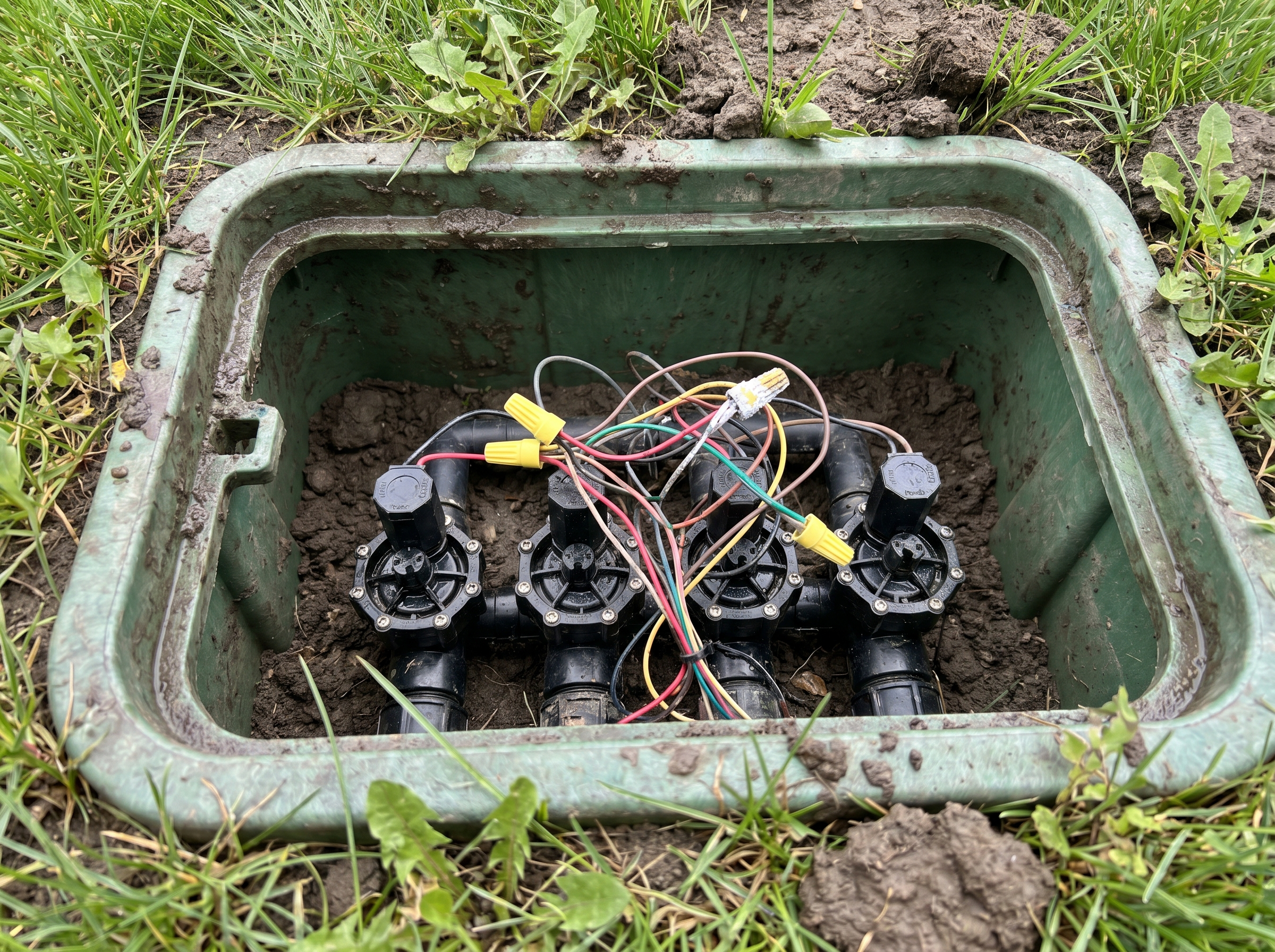 Open sprinkler valve box showing solenoids and wiring in a Spokane lawn