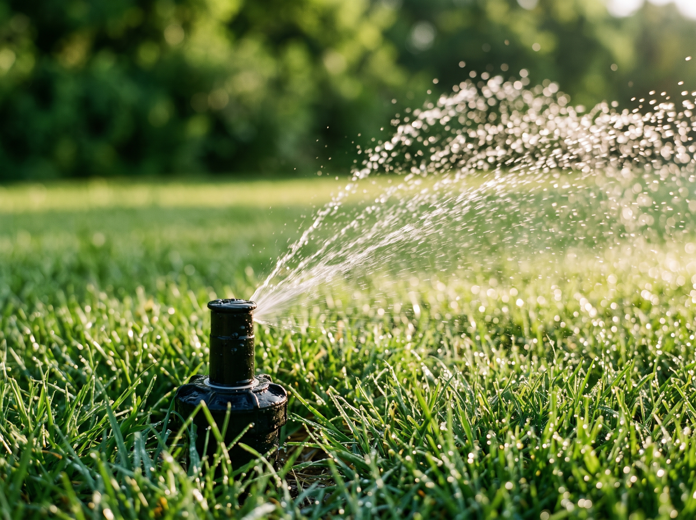 Close-up of a pop-up sprinkler head spraying water over a green Spokane lawn