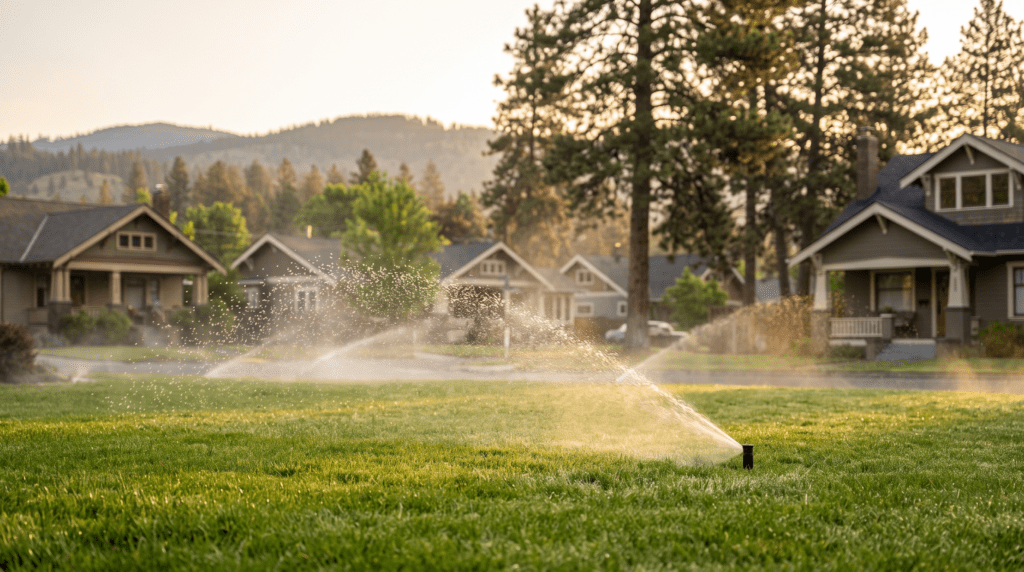 Pop-up sprinkler watering a healthy green lawn at dawn in Spokane, WA