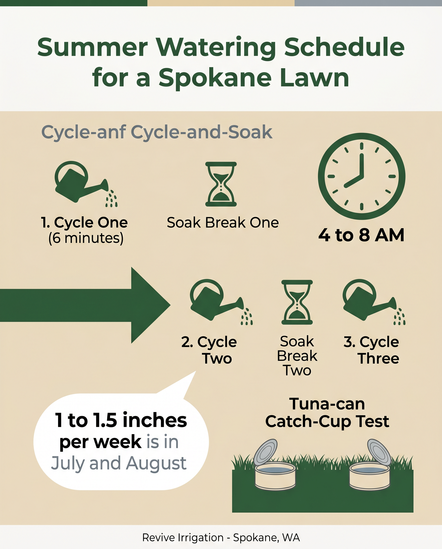 Summer watering schedule infographic for a Spokane lawn using the cycle-and-soak method