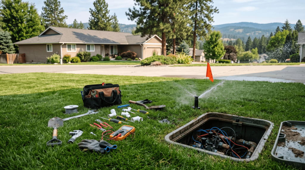 Sprinkler repair in progress on a Spokane Valley residential lawn with open valve box and tools